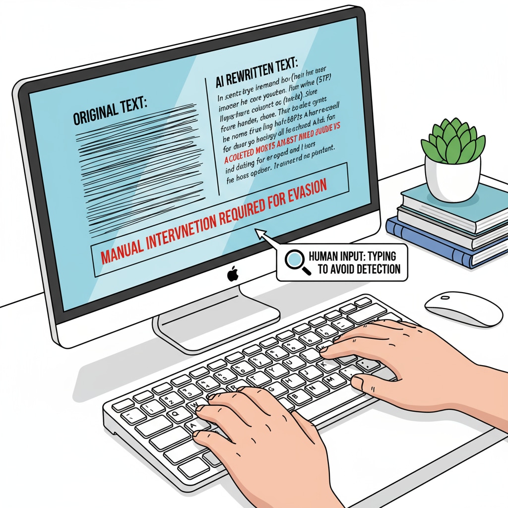 A close - up view of a hand actively typing on a keyboard, with the computer screen displaying text that has been rewritten by an AI tool, emphasizing the evasion tactic of manual input. Hand typing AI - rewritten text on a keyboard to avoid detection in K12 education