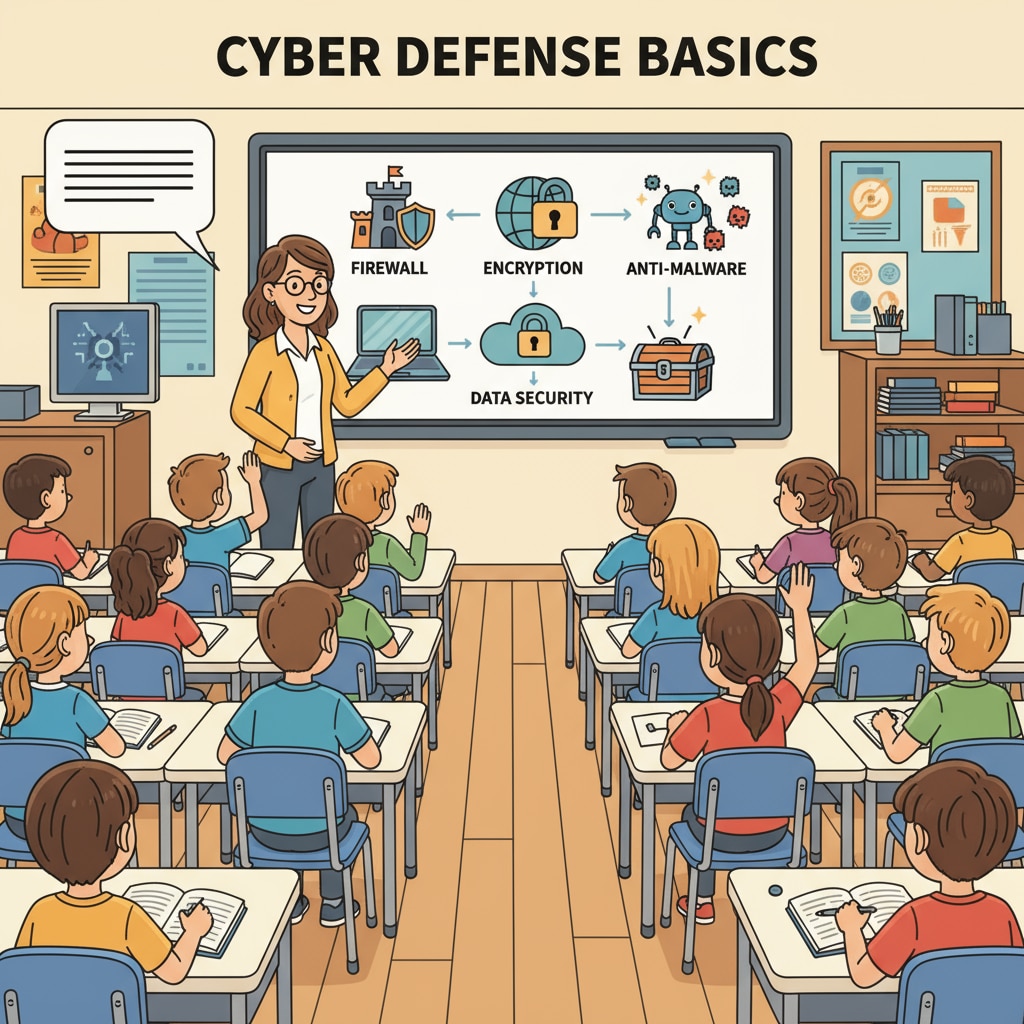 A group of K12 students attentively listening to a cybersecurity lecture. The lecture is being delivered in a classroom setting, with the teacher using visual aids to explain key concepts. K12 students listening to a cybersecurity lecture for better understanding and engagement
