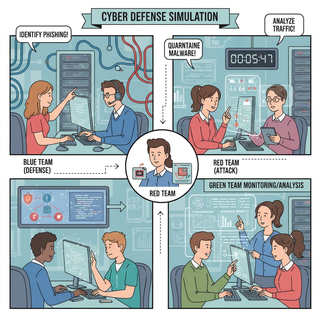 A group of students actively participating in a cyber-attack simulation game. The students are divided into teams, working together to identify and counter cyber threats. Students engaged in a cyber-attack simulation game to enhance their cybersecurity knowledge
