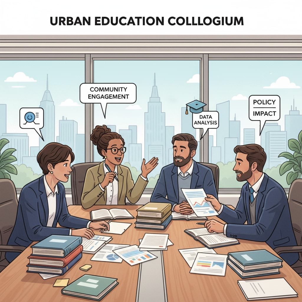 A group of educators sitting around a table, engaged in a discussion about urban education research. They are looking at papers and having animated conversations. Educators discussing urban education research as part of a university project with virtual interviews