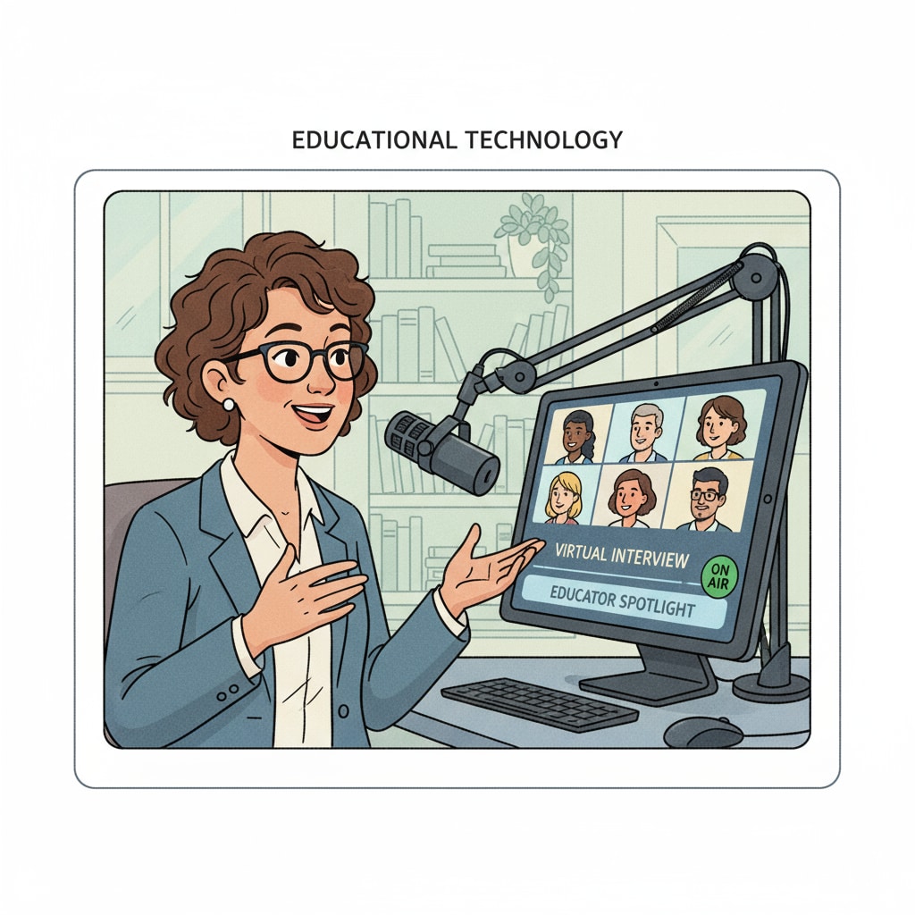 An educator is sitting in front of a computer, speaking into a microphone during a virtual interview. The screen shows a virtual meeting interface. An educator participating in a virtual interview for an urban education research project at a university