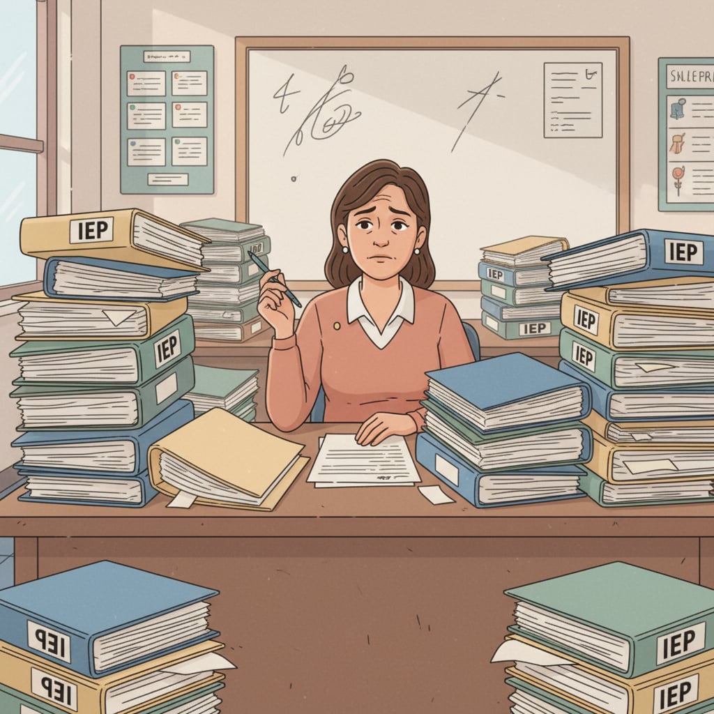 A single special educator is seated at a desk, surrounded by stacks of IEP documents, with a worried expression. Special educator facing reading comprehension challenges with IEP documents