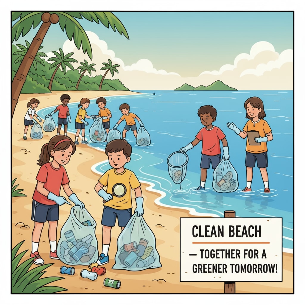 A group of K-12 students participating in an environmental protection activity, such as a beach clean-up. K-12 students engaged in environmental protection activity for conservation education research