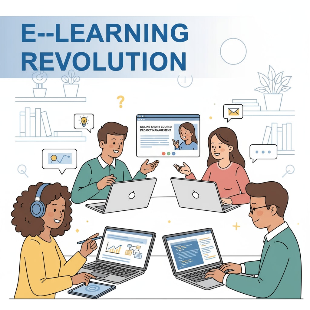 An illustration showing students participating in an online short course, with laptops open and engaging in learning activities. Students attending a short online course related to UCAS credits for A-Levels graduates aiming for a foundation year