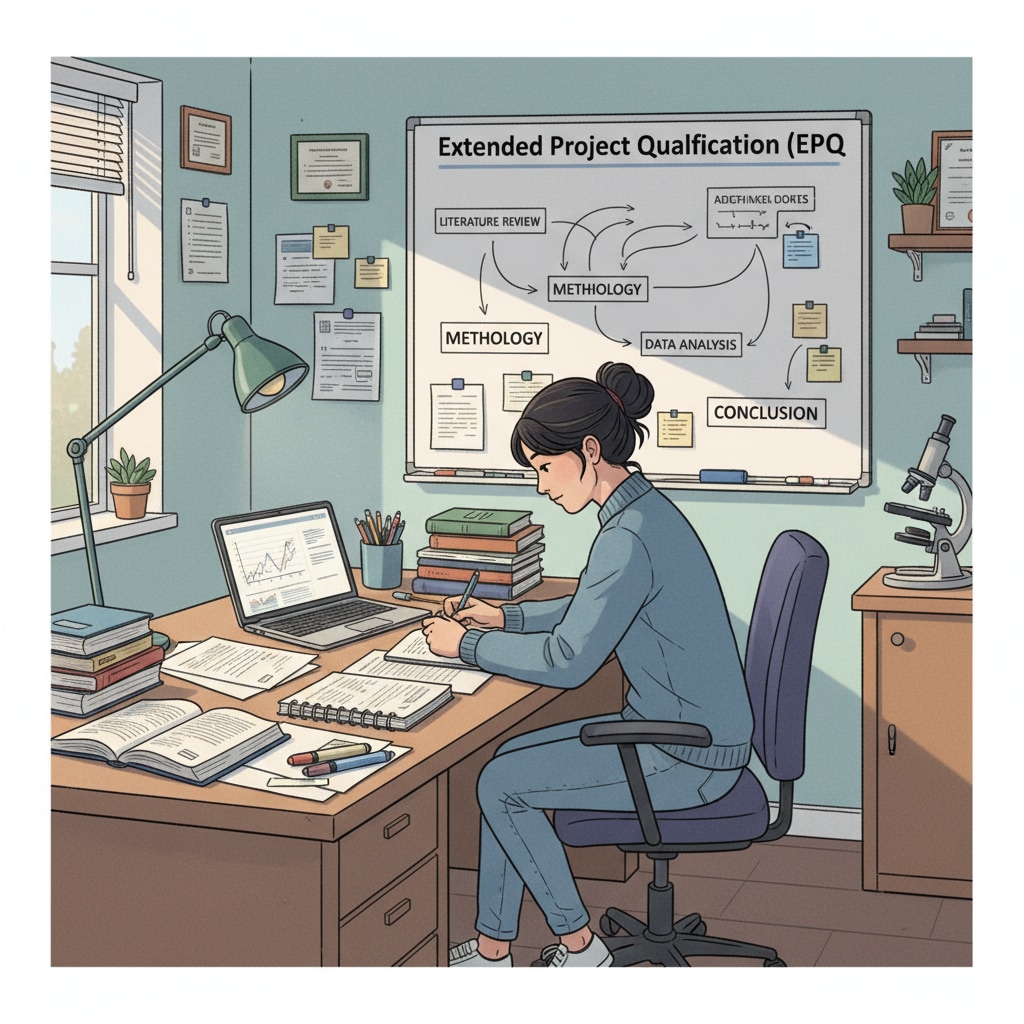 A picture of a student sitting at a desk, surrounded by research materials, working on an Extended Project Qualification. Student working on an Extended Project Qualification for additional UCAS credits as an A-Levels graduate for foundation year