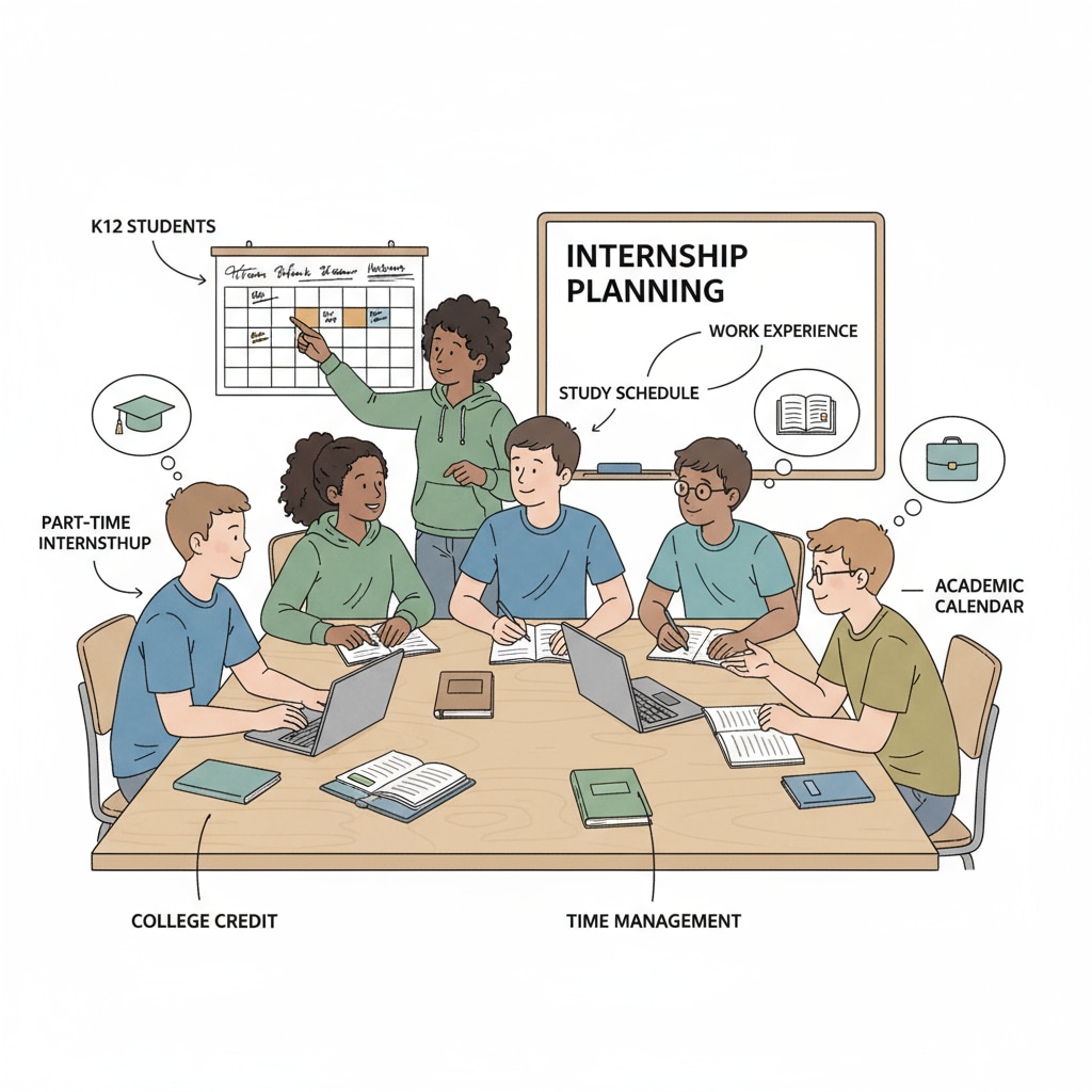 A group of K12 students are gathered around a table, discussing their internship plans and how to balance them with their studies. Some are looking at calendars and making notes. K12 students discussing internship and study plans for better balance in workload and time management