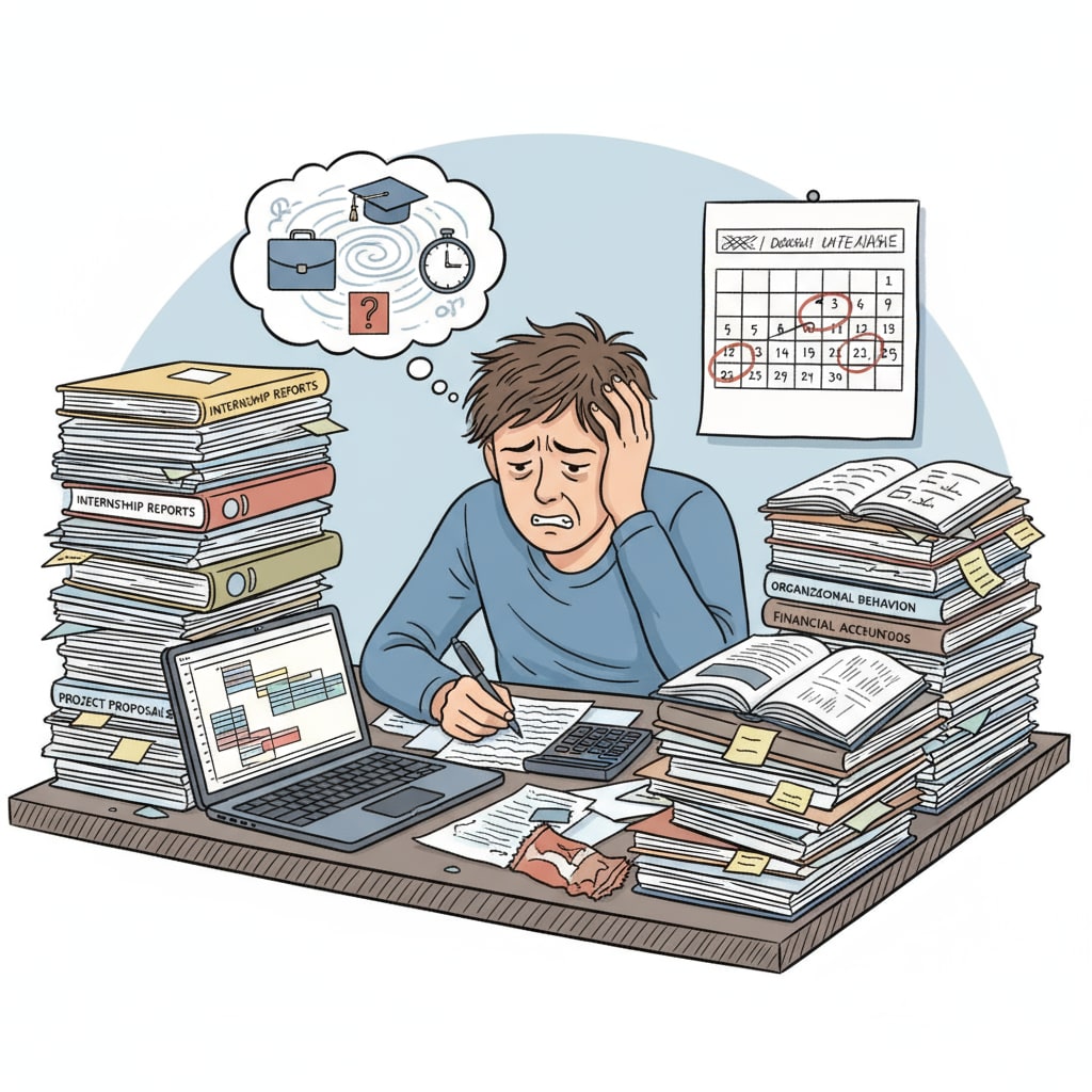 A student is sitting at a desk with piles of internship-related documents and textbooks. The student has a worried expression on their face, clearly stressed about managing both internship tasks and academic study. A stressed student trying to manage internship workload and academic balance with time management