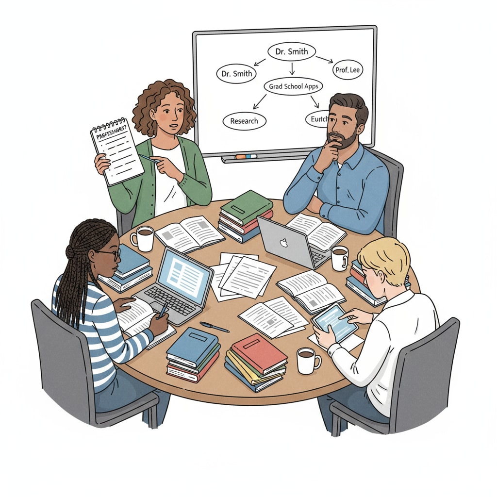 A group of teaching assistants is sitting around a table, having a discussion about who to ask for recommendation letters. Some are looking at notes, and others are deep in thought. Teaching assistants discussing potential recommenders for MAT teaching programs