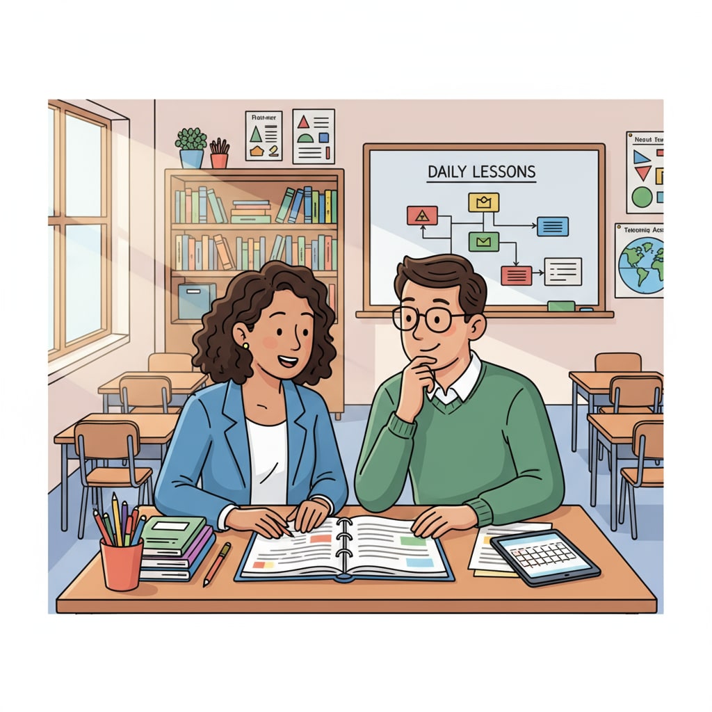 A lead teacher and a teaching assistant are standing in a classroom, looking at lesson plans on a desk and having a conversation. Lead teacher and teaching assistant discussing work relevant to recommendation for MAT program