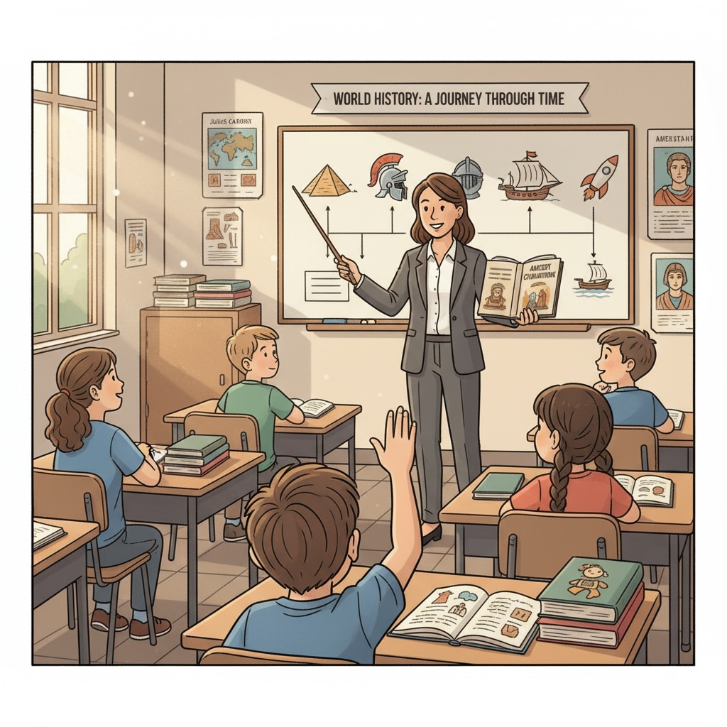 A classroom scene where students are listening intently to a history teacher, showing the engaging nature of history teaching. A classroom scene related to teacher profession, history teacher, and university application