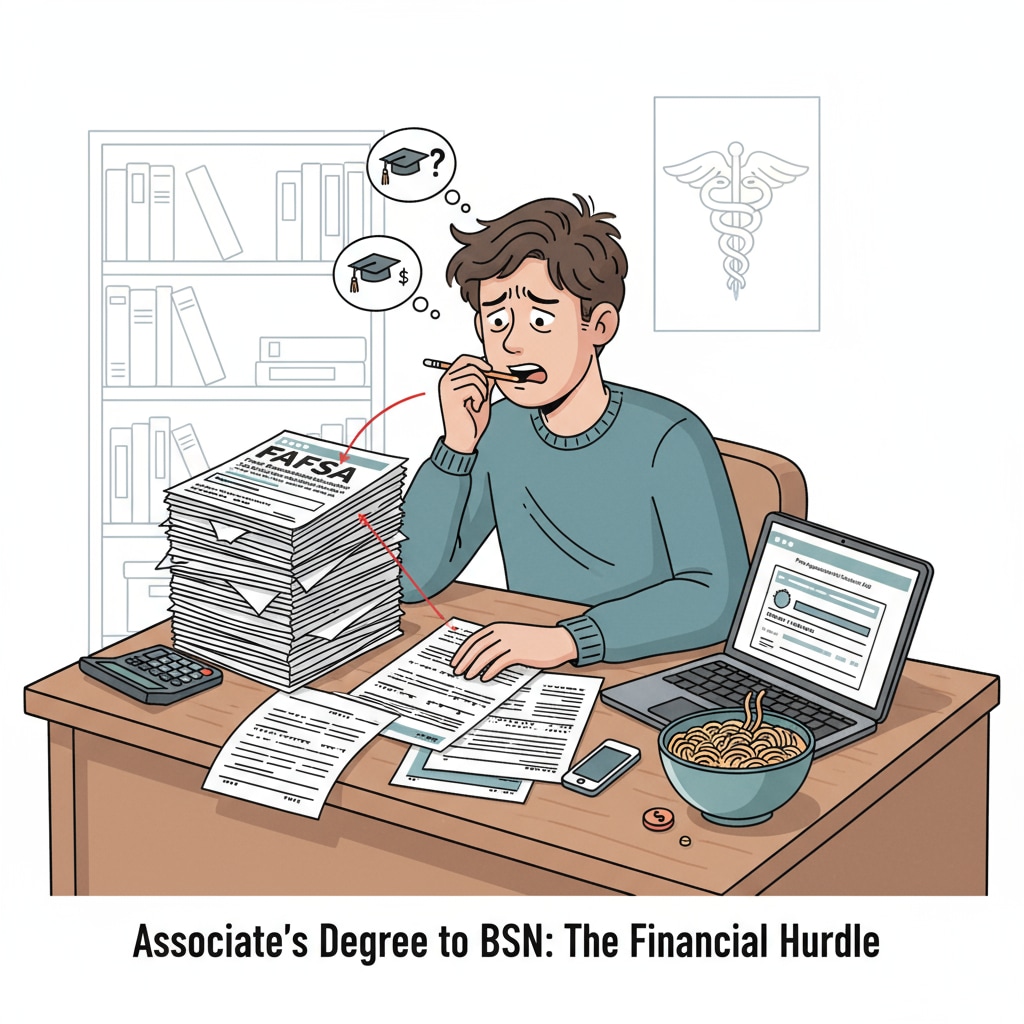 A student is sitting at a desk, looking stressed while filling out FAFSA forms. This represents the anxiety and complexity students face when dealing with FAFSA, especially those with associate degrees applying to nursing programs. Student filling out FAFSA forms with an anxious expression, related to FAFSA, associate degrees, pre-nursing programs, and federal funding