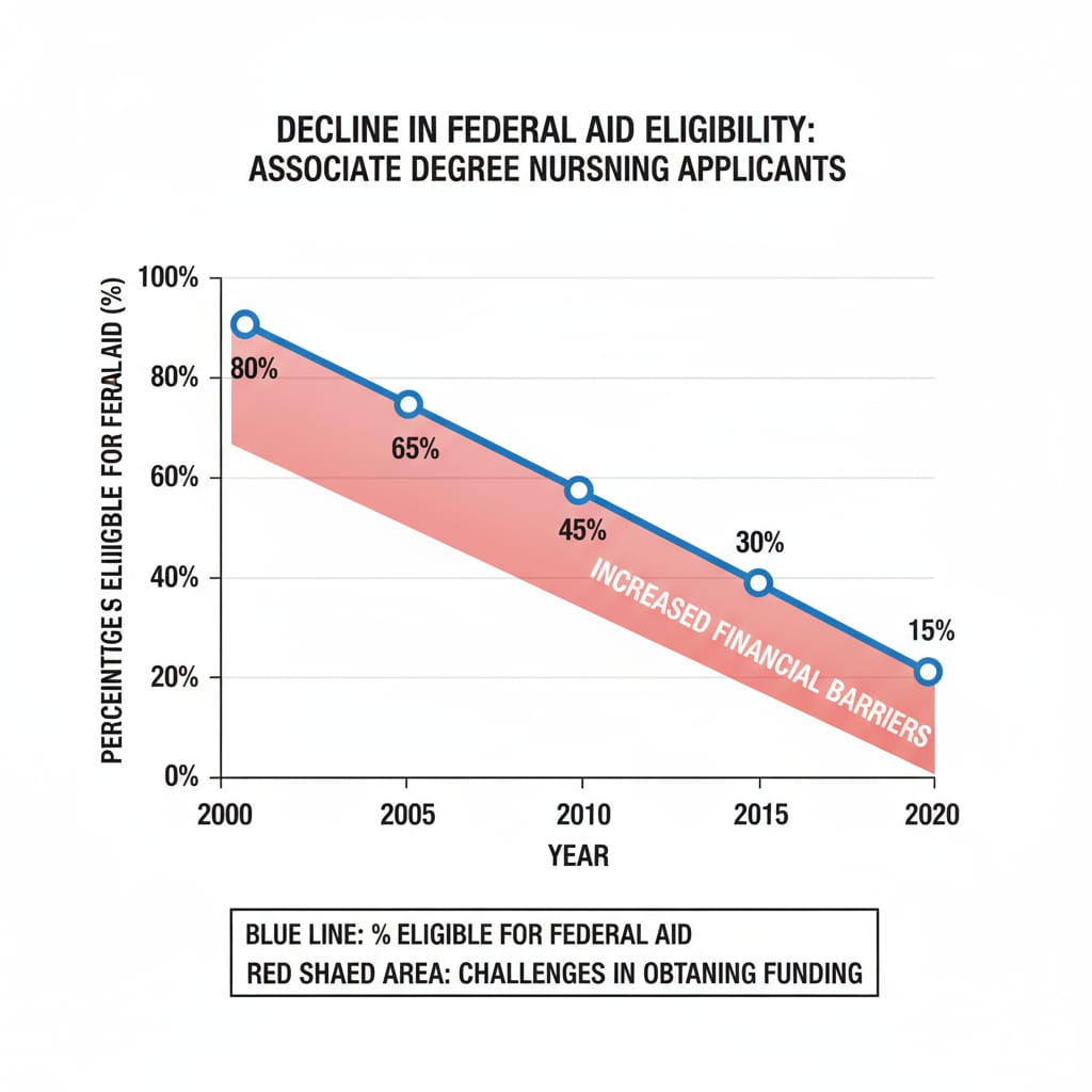 A graph shows the decline in federal aid eligibility for associate degree holders applying to nursing programs. It visually represents the challenges they face in getting federal funding. Graph depicting the decrease in federal aid eligibility for associate degree holders in pre-nursing programs, highlighting FAFSA, associate degrees, pre-nursing, and federal aid issues