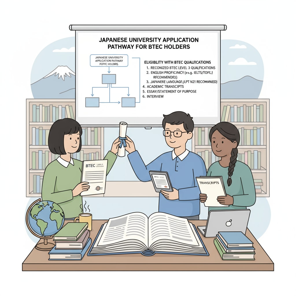 An illustration showing students looking at information about Japanese university application requirements while holding BTEC certificates, representing the initial research stage for BTEC holders applying to Japanese universities. Students researching Japanese university application requirements with BTEC certificates