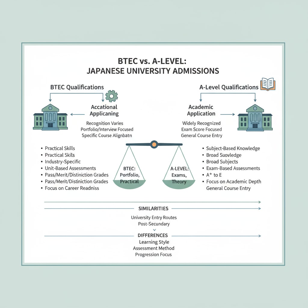 A visual comparison of the educational frameworks of BTEC and A-level, highlighting their differences and similarities to help understand how BTEC qualifications stand in relation to a more well-known international qualification like A-level in the context of Japanese university applications. Visual comparison of BTEC and A-level educational frameworks for Japanese university applications