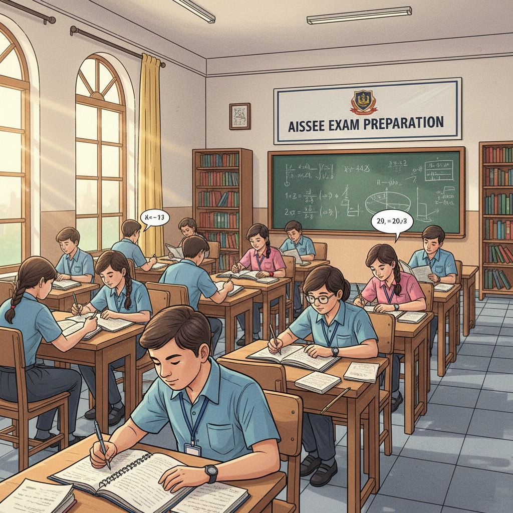 A group of students sitting at desks, poring over books and papers, presumably studying for the AISSEE exam at Sainik School. Students preparing for AISSEE entrance exam at Sainik School