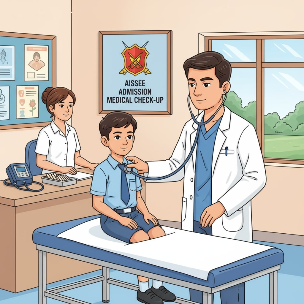 A young student undergoing a medical check-up, with a doctor using a stethoscope, as part of the AISSEE admission process at Sainik School. Student in medical check-up for AISSEE admission at Sainik School