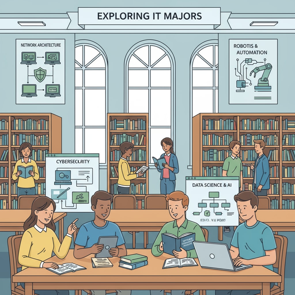 A scene of students looking through books and using laptops in a library while researching different IT majors. Students researching IT majors for university selection and future career prospects