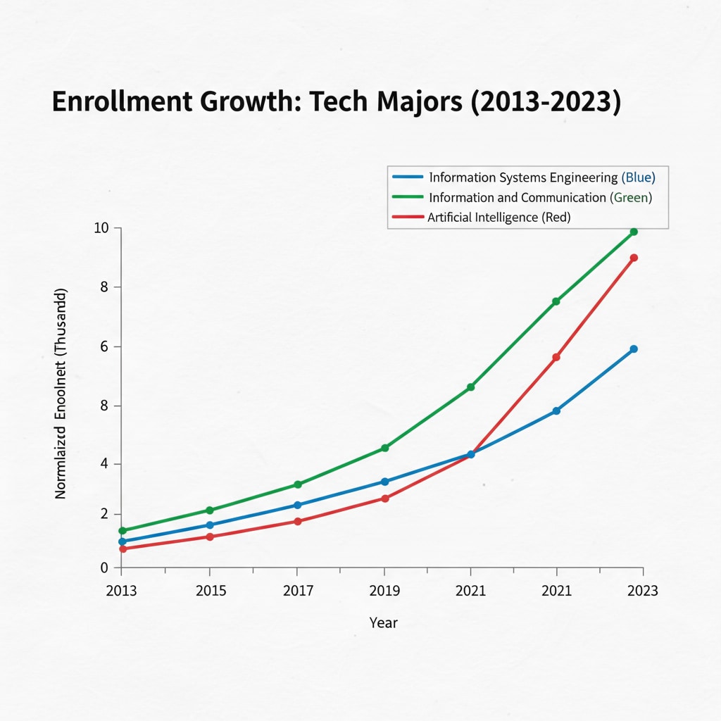 A line graph comparing the growth trends of Information Systems Engineering, Information and Communication Technology, and Artificial Intelligence majors over the past decade. Growth trends of popular IT majors relevant to university selection and career prospects
