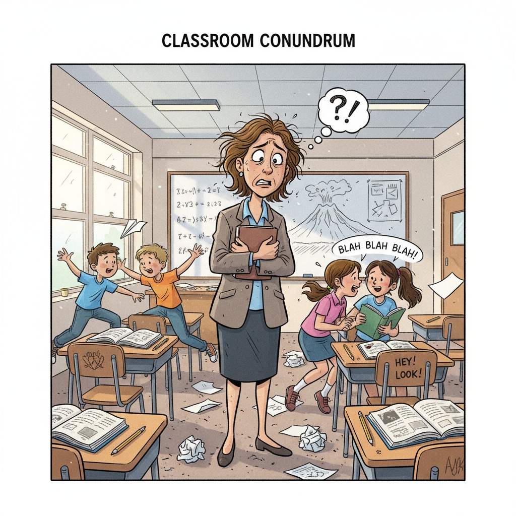 A teacher is seen looking stressed as students in the classroom are being rowdy. Some students are talking loudly, others are out of their seats. A stressed teacher trying to manage student behavioral issues with no support, leading to professional frustration.