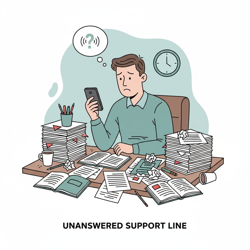 A teacher is sitting at a messy desk with papers strewn around. The teacher has a discouraged expression and is looking at a silent phone, waiting for support that doesn't come. A teacher experiencing lack of support for handling student behavioral issues, resulting in professional frustration.