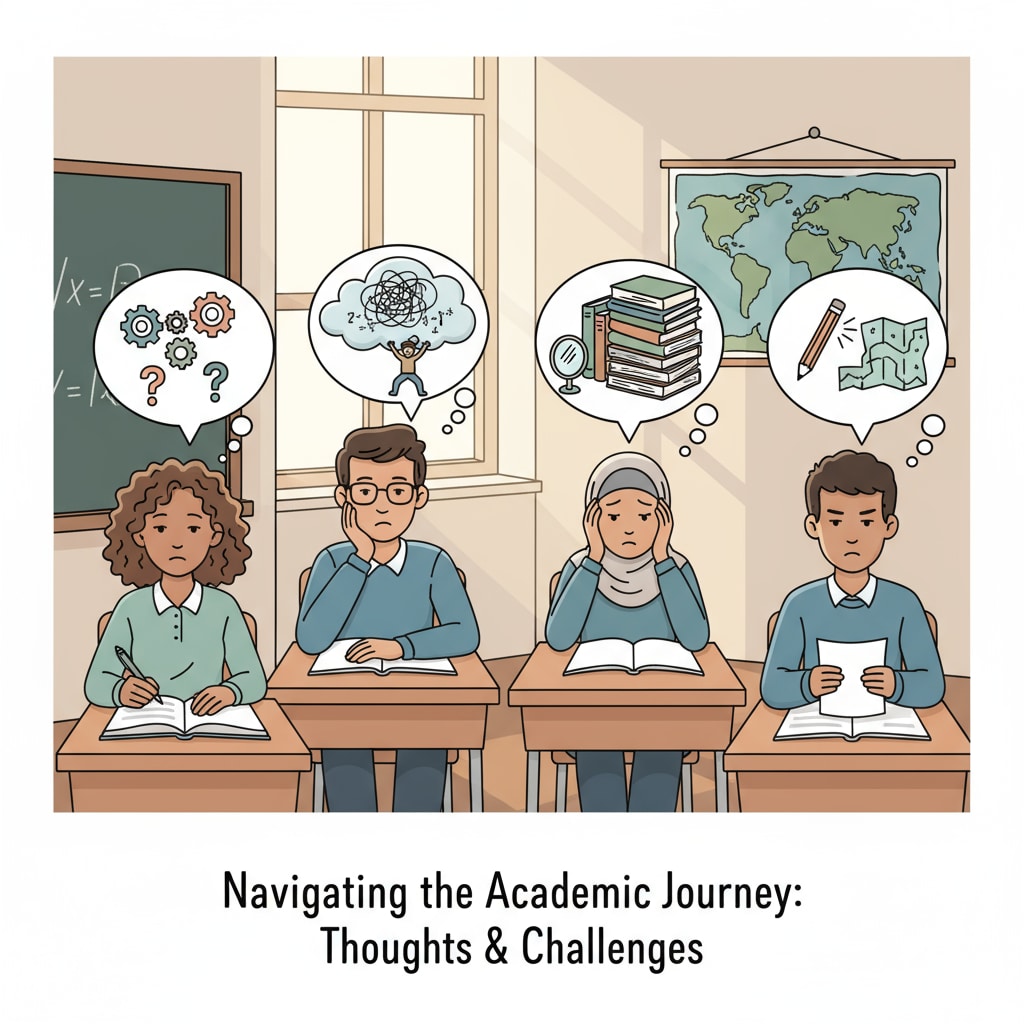 A group of students sitting in a classroom, looking pensive. They seem to be deep in thought, perhaps about their studies and self-doubts. Students in a classroom experiencing self-doubt during their learning experiences related to intellectual disabilities.