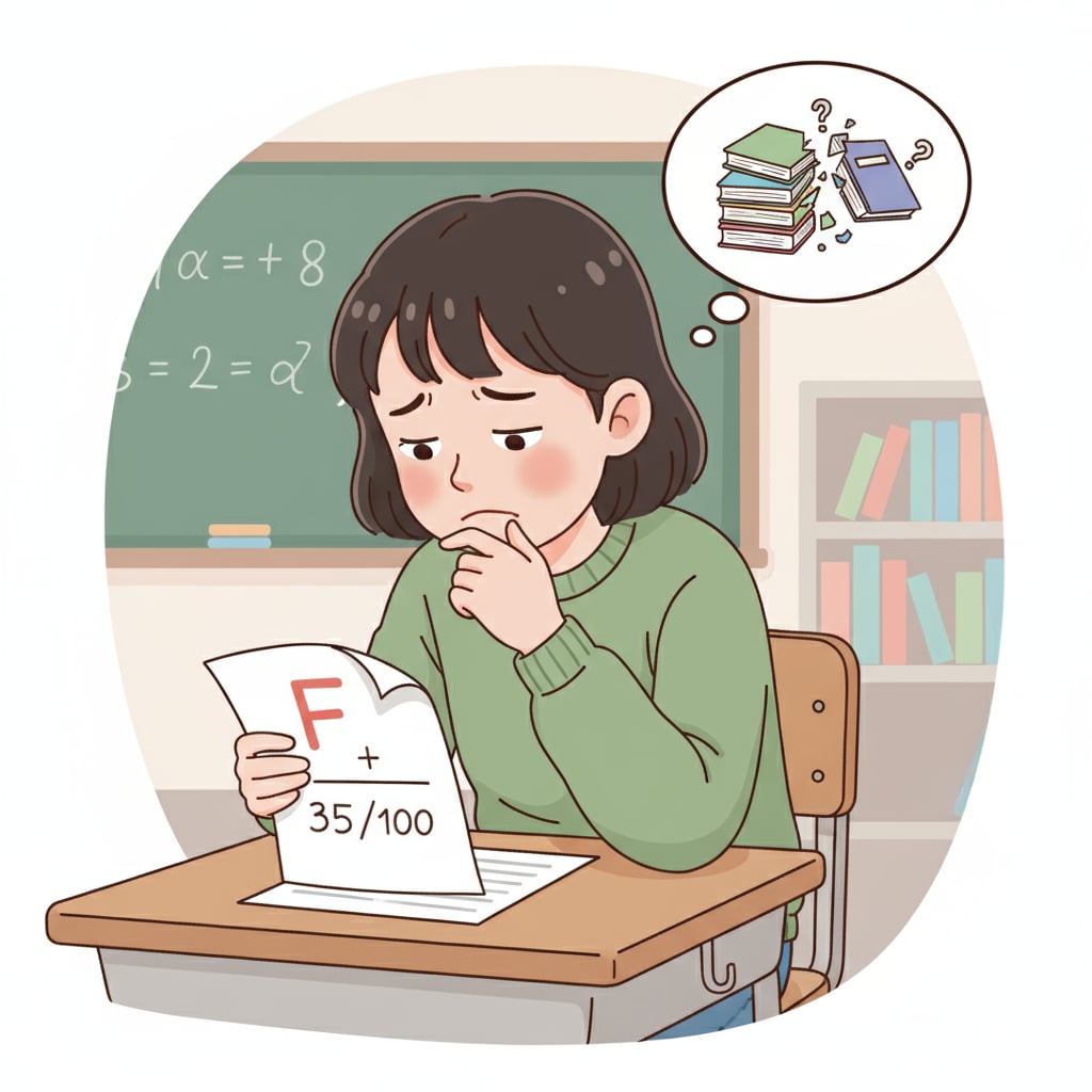 A student looking at a low test score with a worried expression. The student's body language shows signs of self-doubt due to the poor academic performance. A student showing self-doubt related to intellectual disabilities and learning experiences after receiving a low test score.