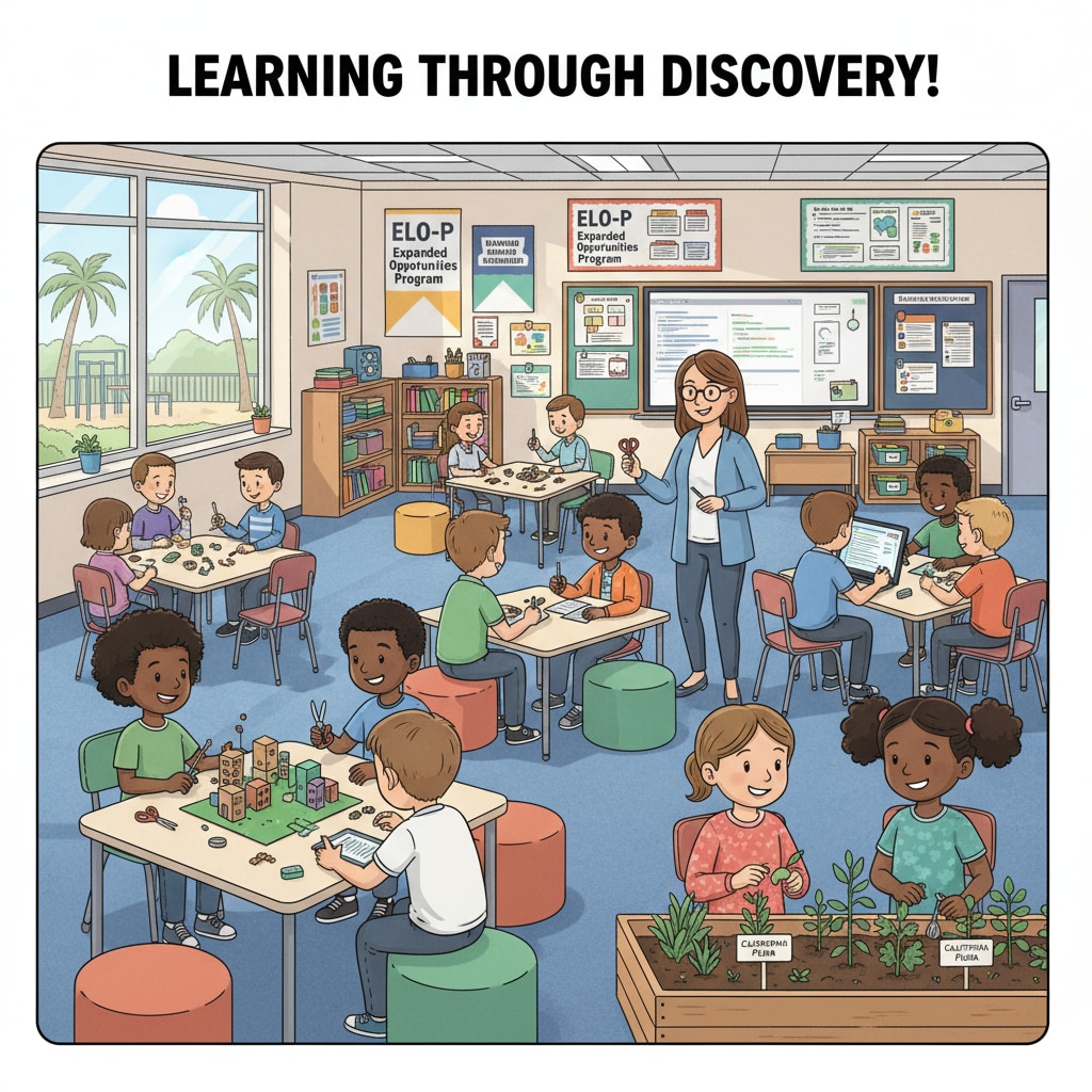 A group of students is actively engaged in an after - school activity organized under the ELO - P in a California school classroom. They are working on a project, with smiles on their faces, indicating an enjoyable learning experience. Students participating in ELO - P after - school activity for extended learning with education funding support