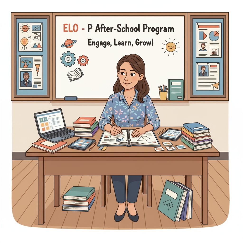 A teacher is sitting at a desk, surrounded by teaching materials, preparing lessons for an ELO - P after - school program. She is focused on creating an engaging and educational experience for the students. Teacher preparing lessons for ELO - P after - school program related to extended learning and education funding