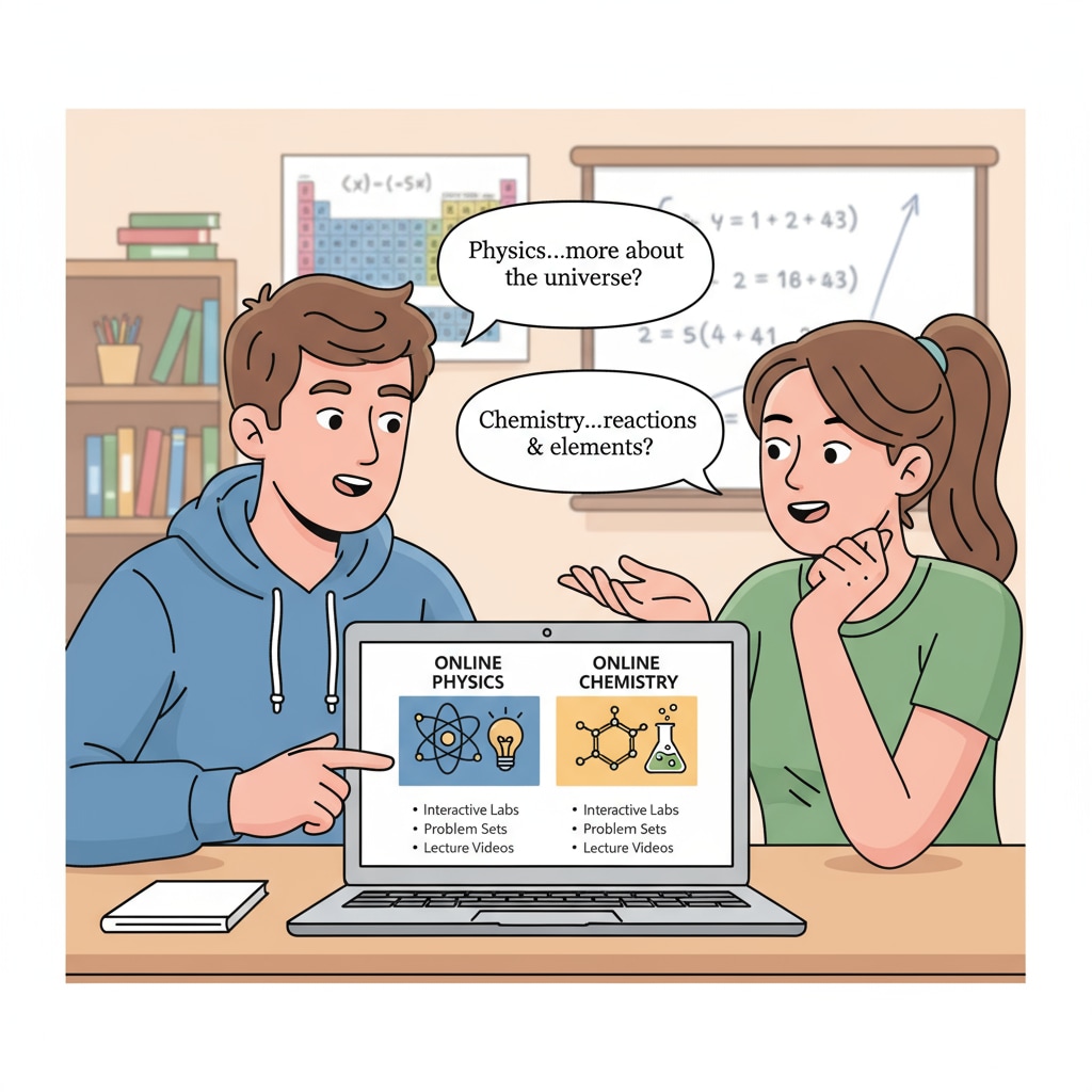 Two students are having a discussion about whether to choose an online physics or chemistry course, looking at a laptop with course details displayed. Students discussing online physics and chemistry course selection for career planning
