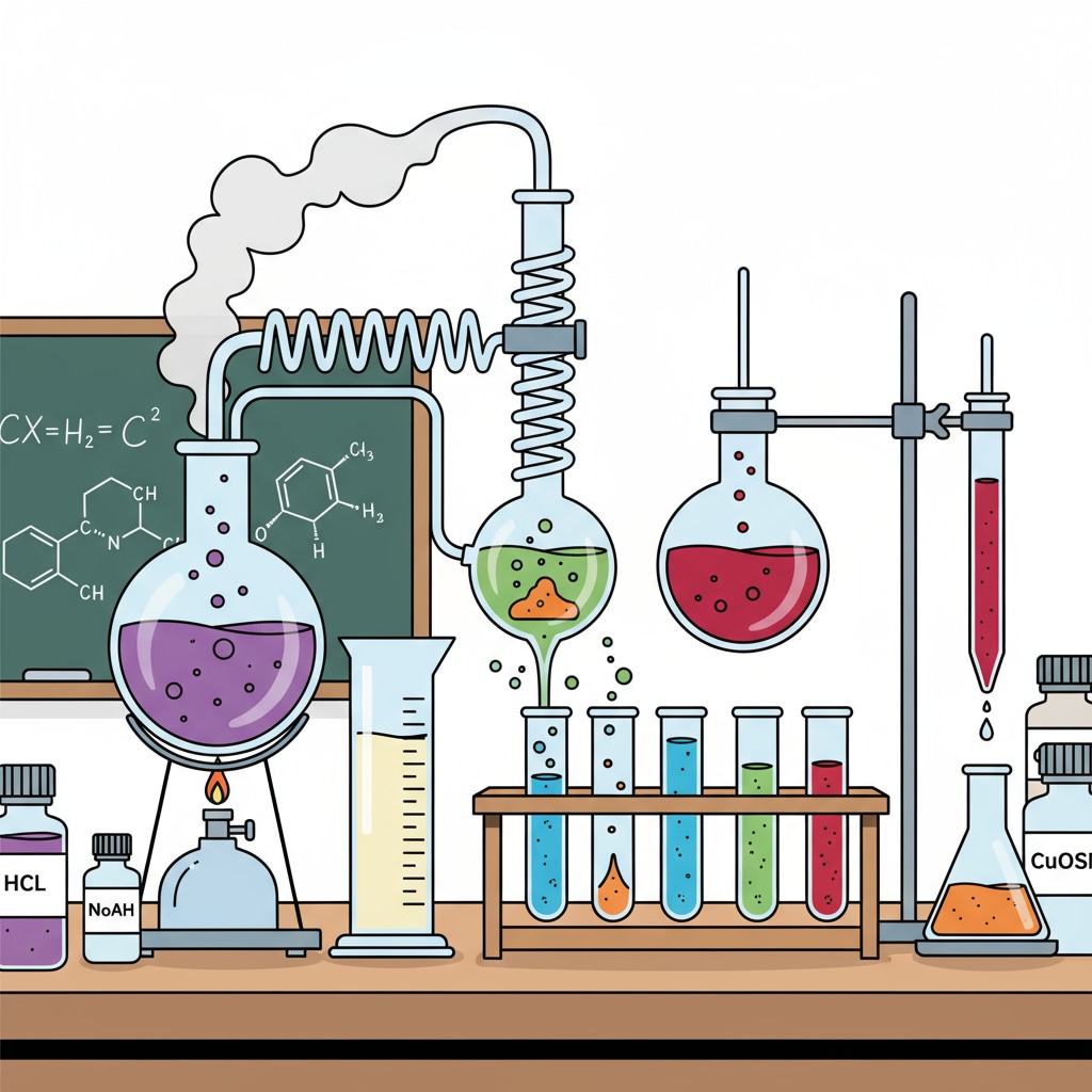 A laboratory setup with test tubes, beakers, and chemicals for a chemistry experiment. Chemistry experiment setup relevant to online learning and career planning