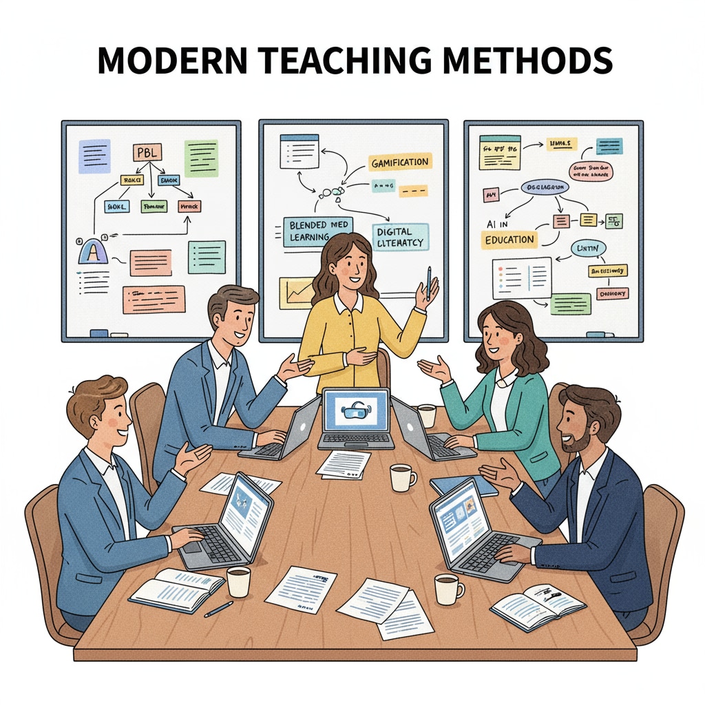 A group of teachers is engaged in a discussion about modern teaching methods in a seminar room. There are whiteboards with notes and laptops on the table, indicating their exploration of new educational approaches. Teachers discussing teaching methods, postgraduate programs, and curriculum design in a seminar