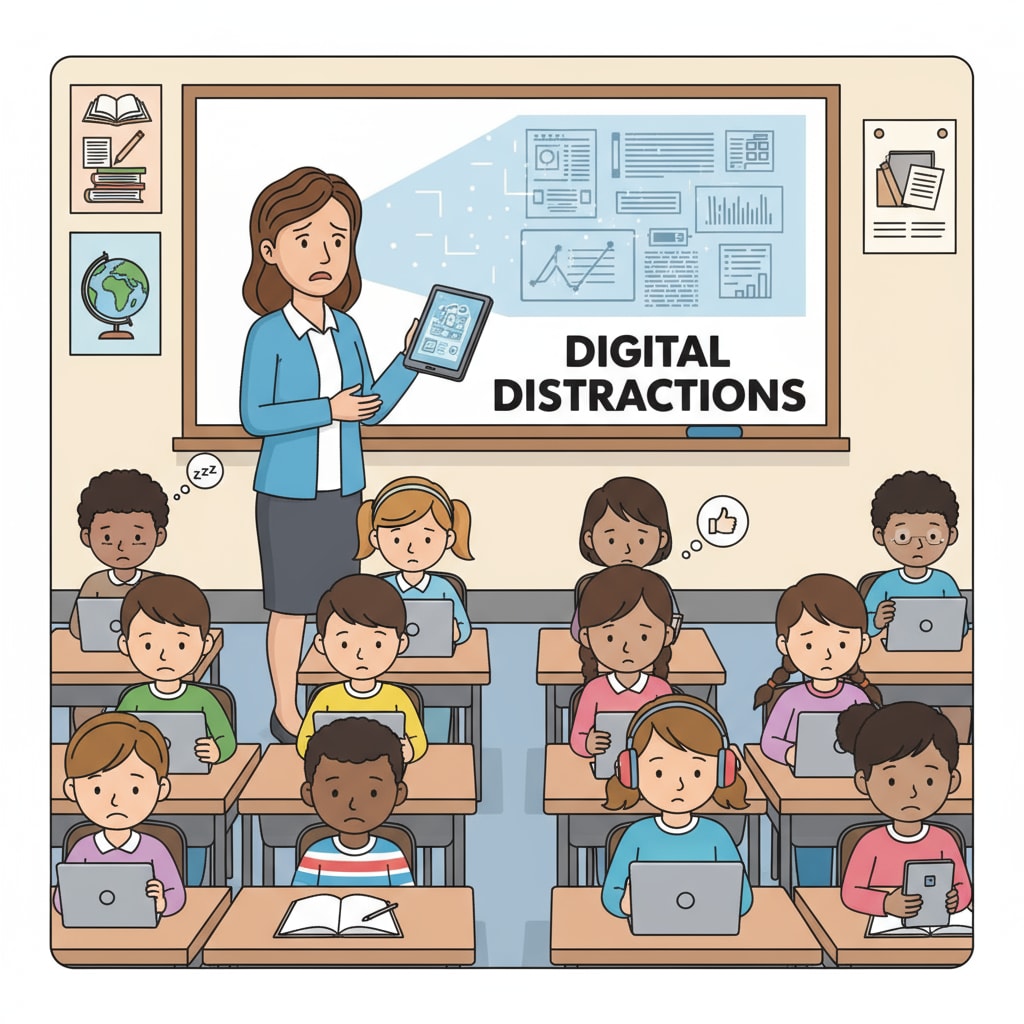 A teacher is standing in front of a classroom with students looking distracted. The teacher has a worried expression, highlighting the challenges faced in engaging students in the digital age. Teacher facing challenges in engaging distracted students related to teaching methods, postgraduate programs, and curriculum design