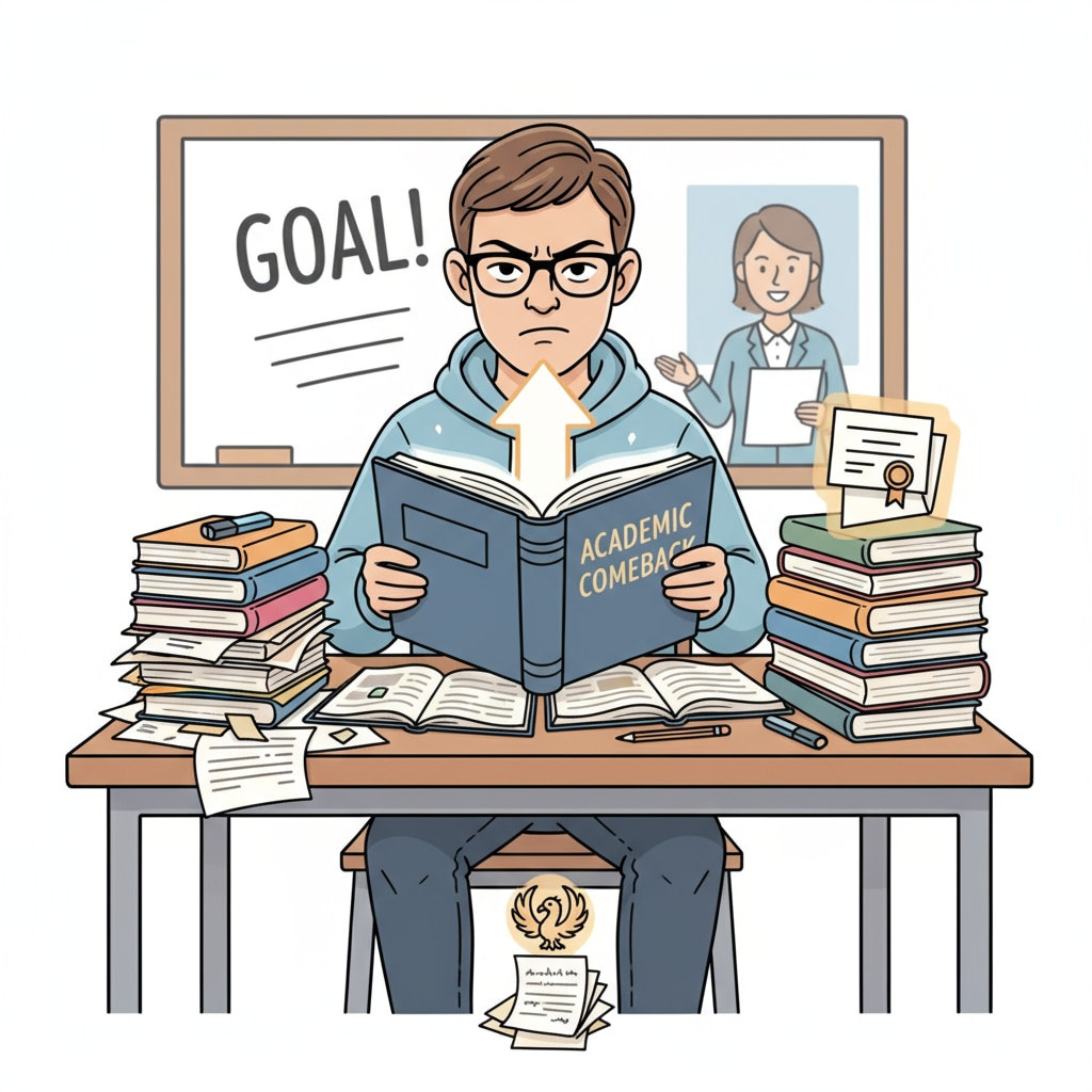A student is sitting at a desk, surrounded by books and study materials, with a determined look on their face, symbolizing the start of their academic recovery journey. A student preparing for academic recovery and college reapplication