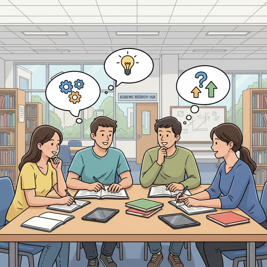 A group of students are engaged in a discussion in a study group, representing the collaborative and learning environment that can aid in academic recovery. Students in a study group for academic recovery and college reapplication preparation
