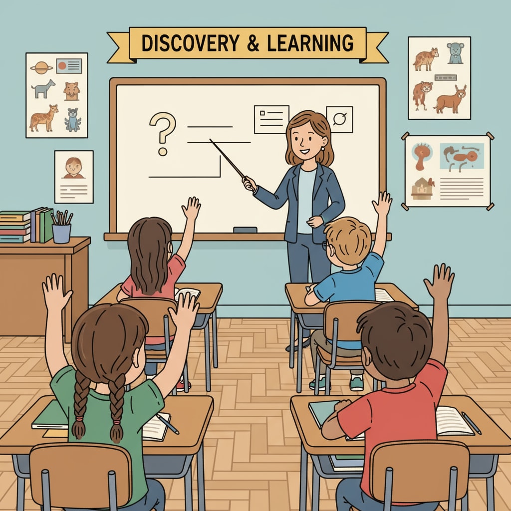 A classroom scene with students raising their hands to answer questions, showing active engagement. Classroom scene demonstrating active recall in K12 education