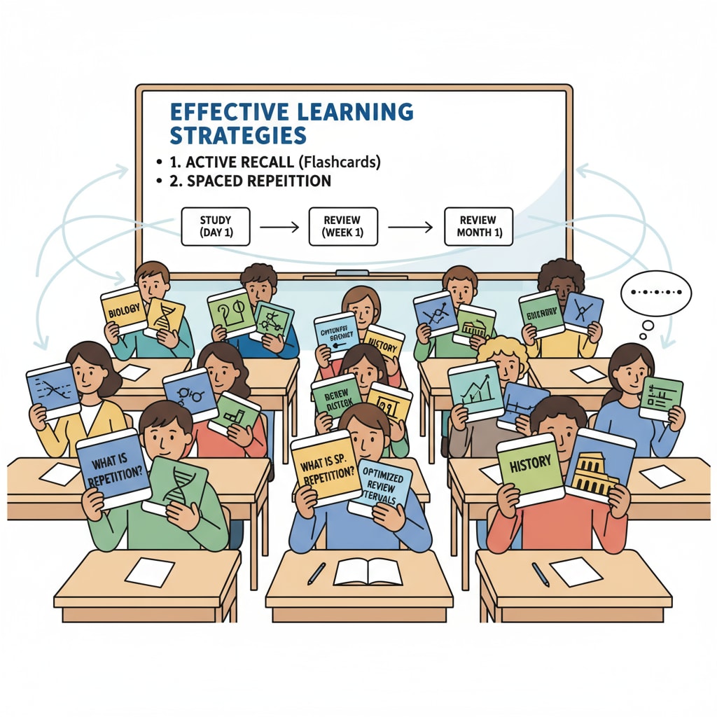 Students sitting at desks, using flashcards to study, representing spaced repetition. Students practicing spaced repetition in K12 education