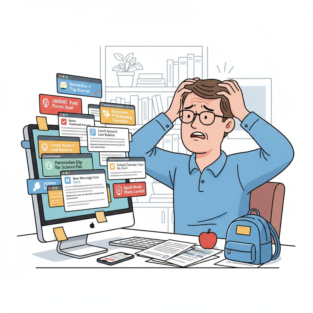 A parent is seen looking frustrated as they try to manage a large number of notifications from a school information system on their computer. The screen is filled with various messages and alerts. A parent struggling with information overload from school information systems