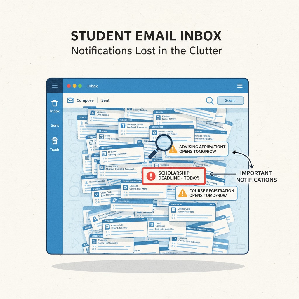 A screenshot of an inbox filled with numerous school-related emails, showing how easy it is for important notifications to get lost among the clutter. A visual representation of missed notifications due to information clutter in school information systems