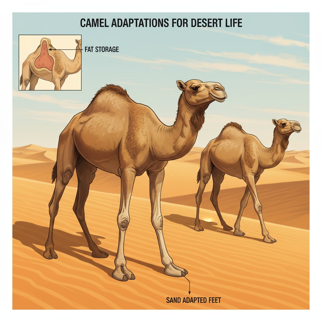 A group of camels walking across the vast desert sand, showing their strong legs adapted for walking on sand and humps storing fat for energy. Camels in the desert demonstrating their survival adaptations and evolutionary traits.