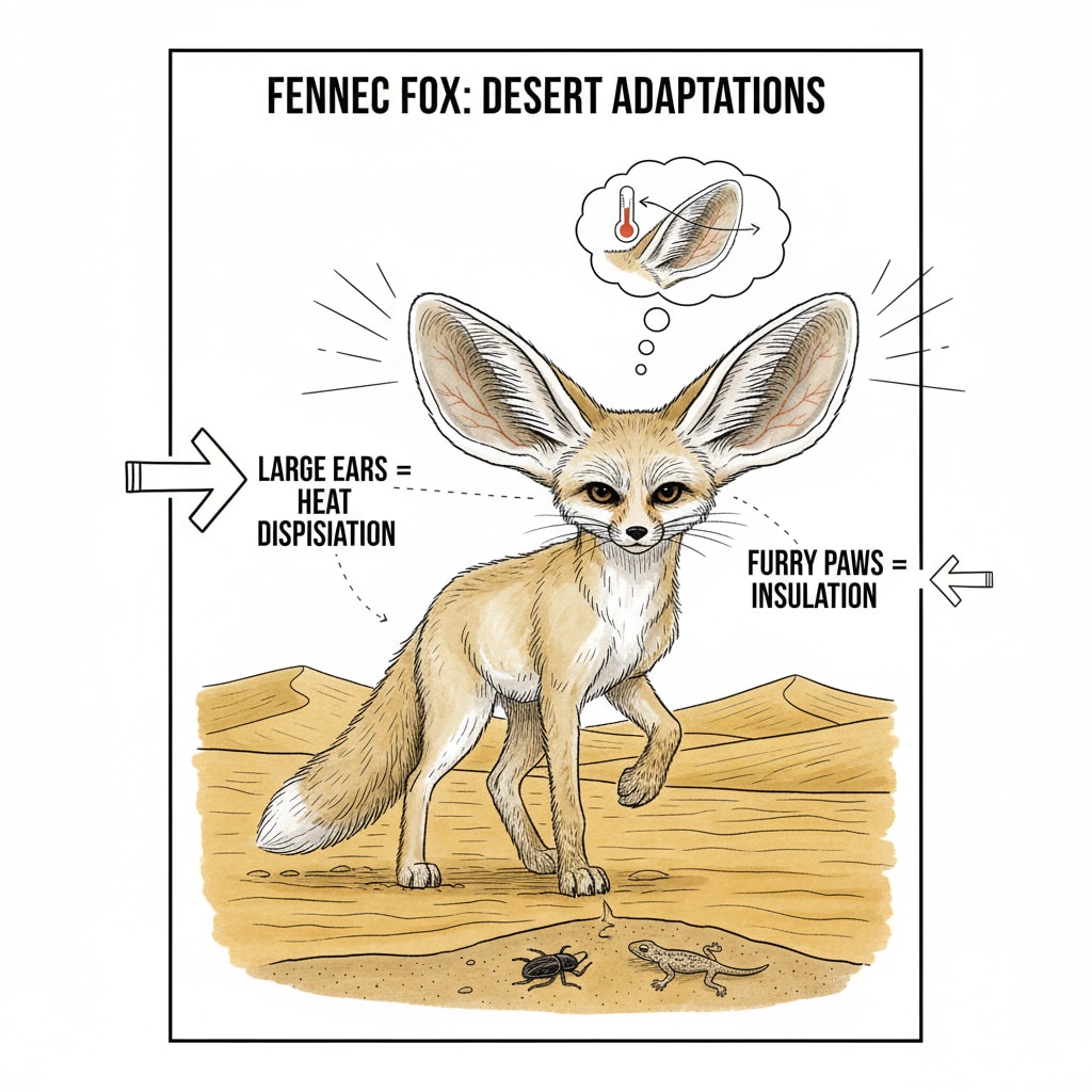 A fennec fox with its large ears standing in the desert, highlighting its unique adaptation for heat dissipation and hunting. Fennec fox in the desert showcasing its survival adaptations and evolutionary traits.