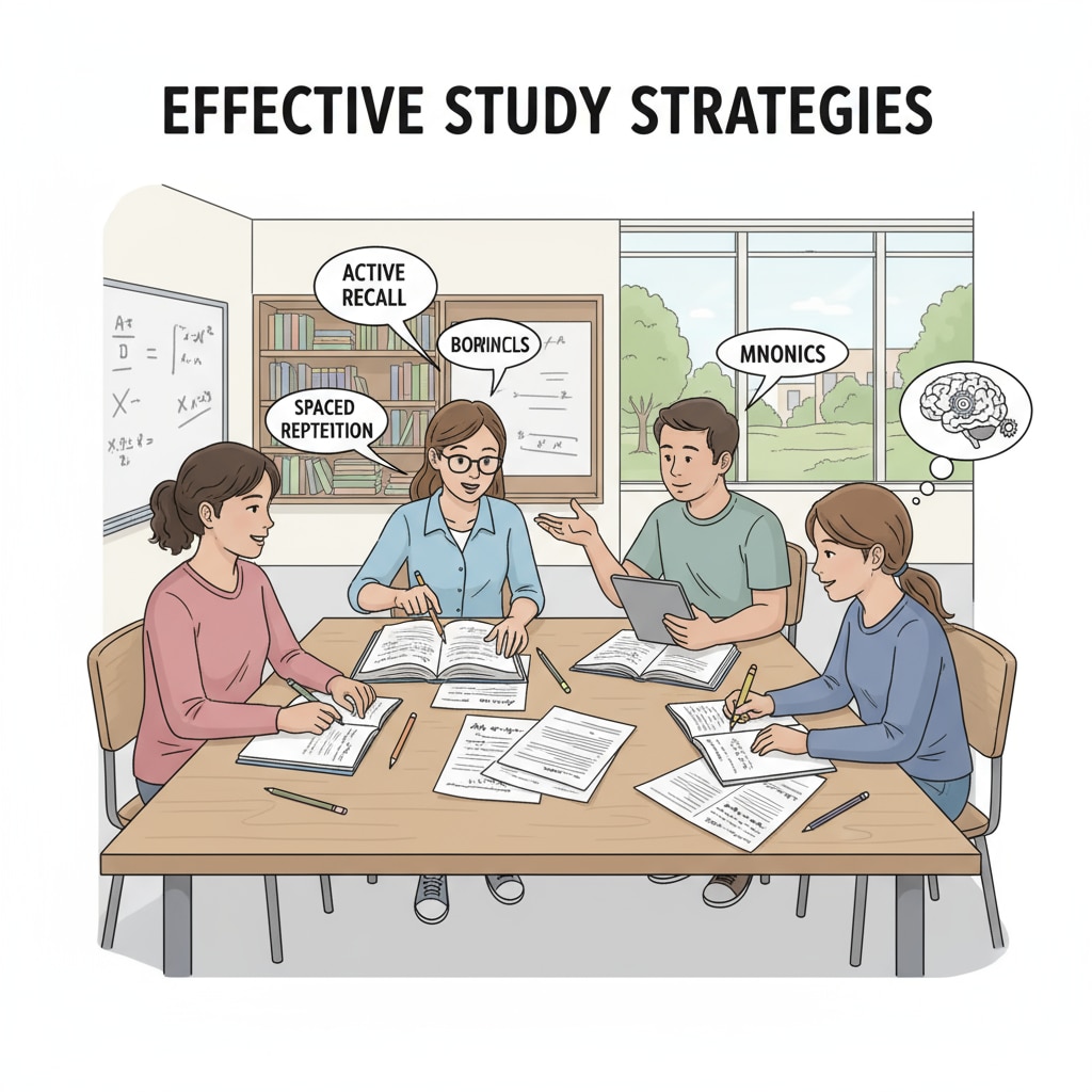 A group of high school students are gathered around a table, discussing different study strategies, with books and papers scattered on the table. High school students discussing study strategies for self-improvement in education.
