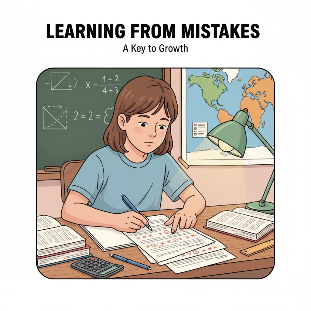 A student is sitting at a desk, looking at test papers with a pen in hand, analyzing the mistakes and writing down notes. A high school student analyzing test papers for academic self-improvement.