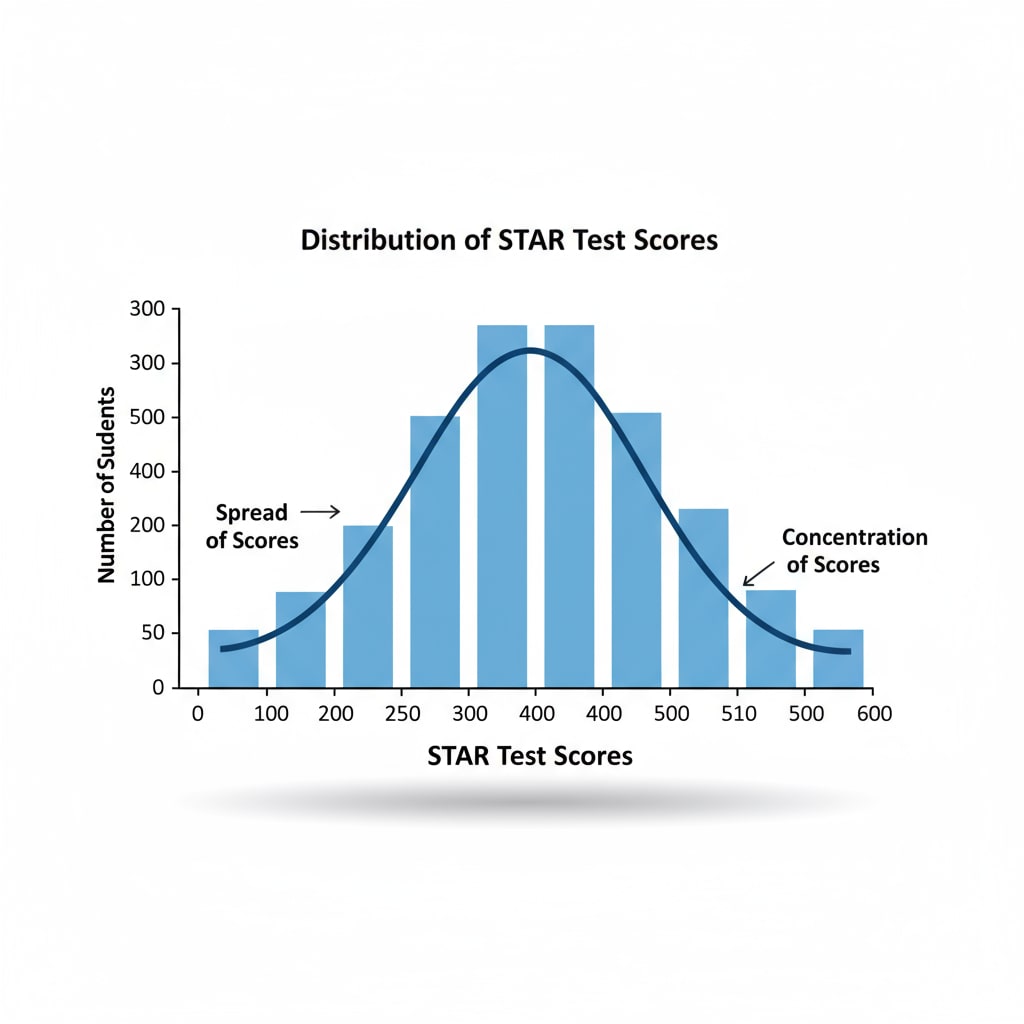 A graph depicting the distribution of STAR test scores among students, showing the spread and concentration of scores. STAR test scores distribution graph