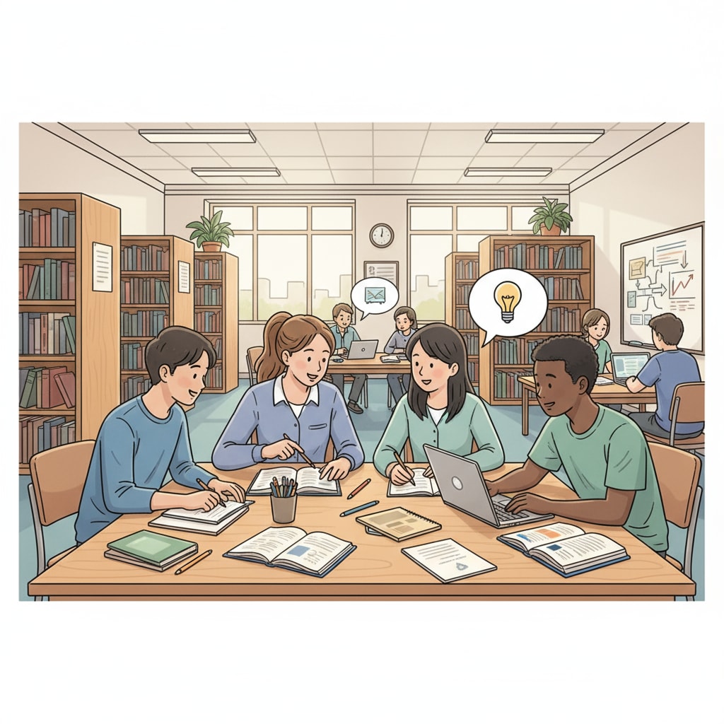 Students studying together in a high school library, collaborating to improve their academic performance High school students collaborating for learning remediation and skill development