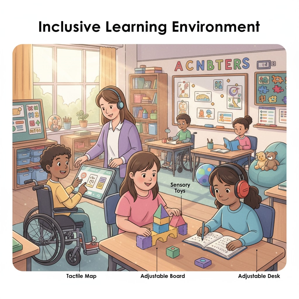 This image shows students with disabilities in a classroom setting, engaged in learning activities. There are various teaching aids and equipment around, indicating a supportive learning environment for special education. Students with disabilities in a special education classroom during the government shutdown and related petition efforts