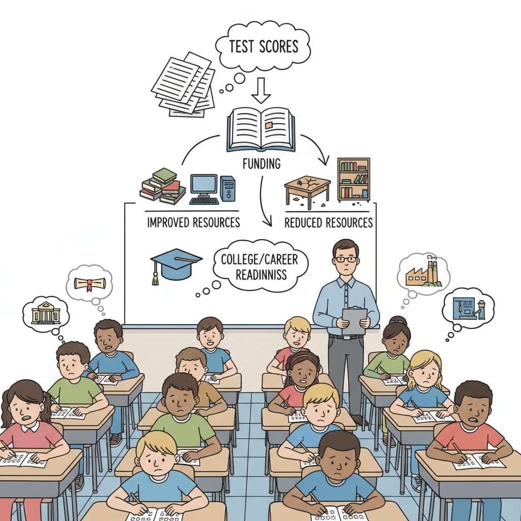 A classroom scene in a public school where students are taking a test, representing the impact of test scores on education. Students taking a test in a public school related to education funds, test scores, and public schools