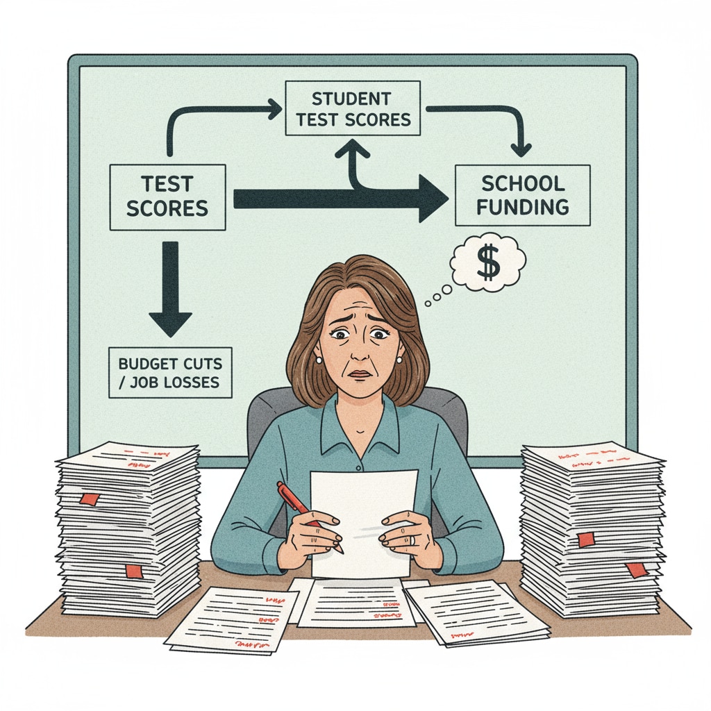 A public school teacher looking worried while grading test papers, symbolizing the pressure on teachers due to the funding model related to test scores. A worried public school teacher grading test papers in relation to education funds, test scores, and public schools