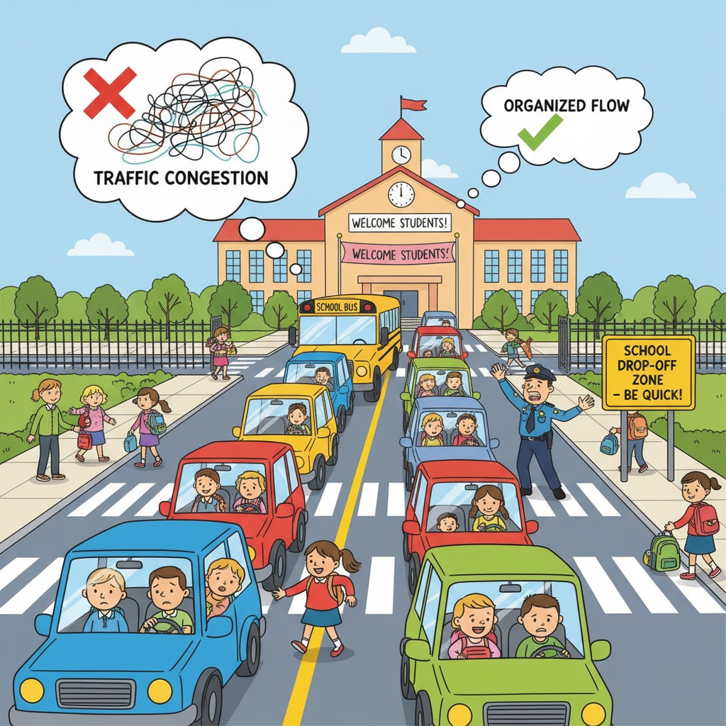 A chaotic scene at a school entrance during drop-off time, with cars queuing up and causing traffic congestion. Traffic congestion during school drop-off