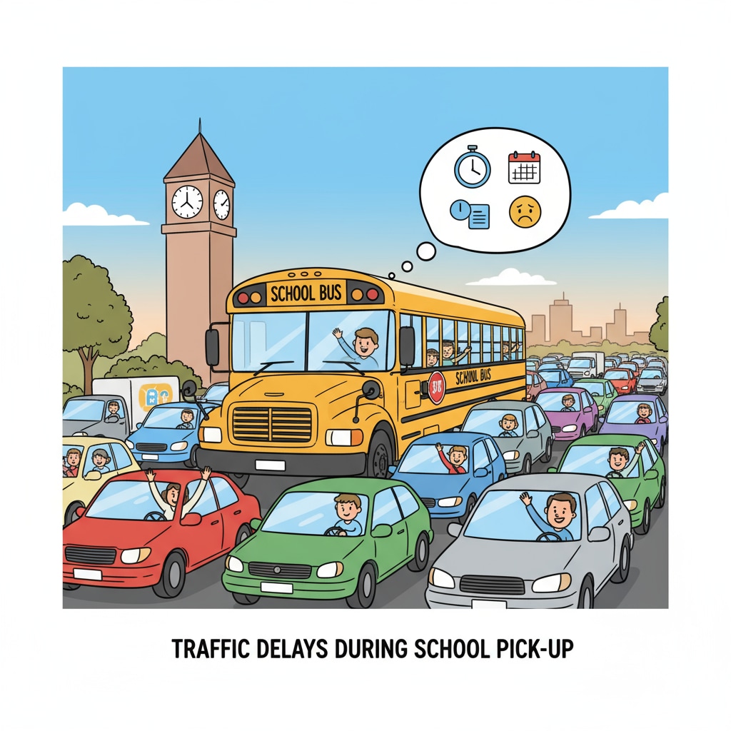 A school bus is stuck in heavy traffic during pick-up time, with other vehicles surrounding it. School bus in traffic during pick-up