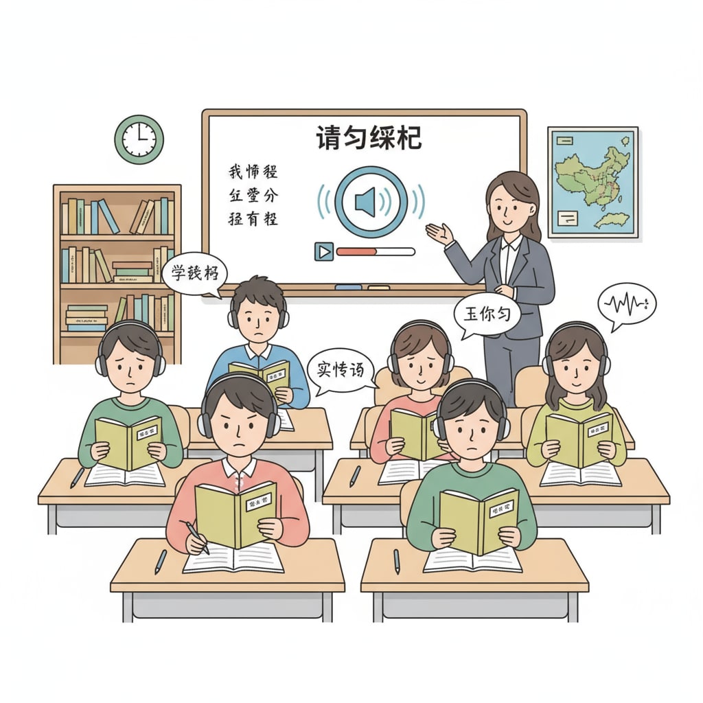 Students are listening attentively to audiobooks during a Chinese language class, showing engagement in language learning. Students listening to audiobooks in a Chinese language teaching context for better language sense cultivation